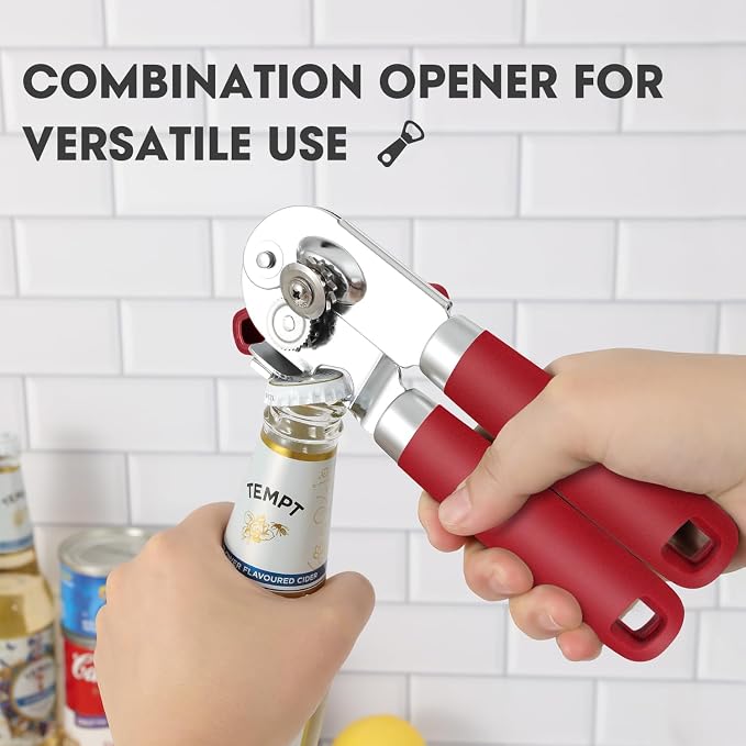 UHIYEE Classic Manual Can Opener for Home Kitchen, Durable 420J2 Stainless Steel Handheld Opener with Magnetic Lid Lifter & Easy-Turn Oversized Knob for Arthritis, Red