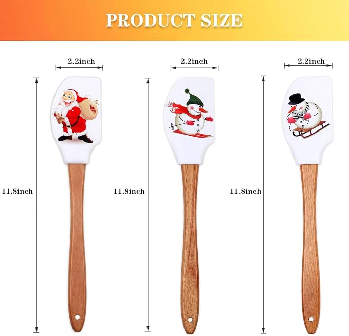 Silicone Spatula, Caliamary 3 Pieces Kitchen Silicone Spatula Set, Christmas Cake Decorating Spatula with Wooden Handle, Snowman Gingerbread Man and Santa Claus Pattern… (Santa Claus)