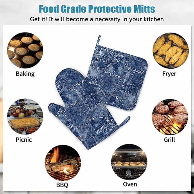 Mxocom Denim Patchwork Texture Silicone Oven Mitts and Pot Holders Sets BBQ Gloves for Kitchen,Cooking,Baking,Grilling