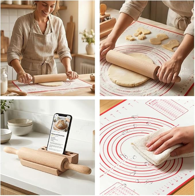 Wood Rolling Pin with Silicone Baking Mat Wood Base, Non Stick Dough Roller with Handle, Fondant Roller Beech Rolling Pins for Baking Pizza Pastry Bread Cookies