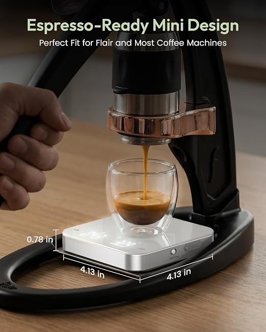 Maestri House S2 Espresso Coffee Scale with Timer 0.1g Precision Shot Scale | USB-C Rechargeable, Dual Timing Modes, 2kg/0.1g Digital Scale with Borosilicate Glass Top for Espresso and Pour-Over Brewing