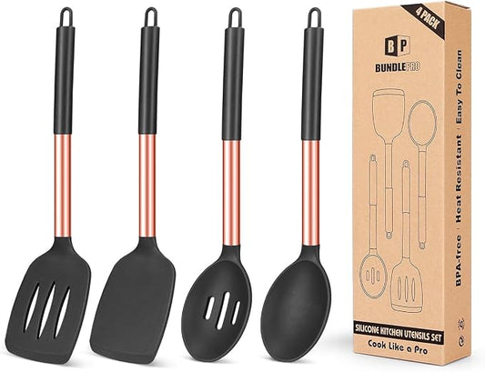 Pack of 4 Silicone Cooking Utensils Set, Non Stick Large Solid Spatulas, Heat Resistant Rose Gold Black Slotted Spoons, Ideal BPA Free Kitchen Turners for Frying, Mixing,Serving,Draining,Turning