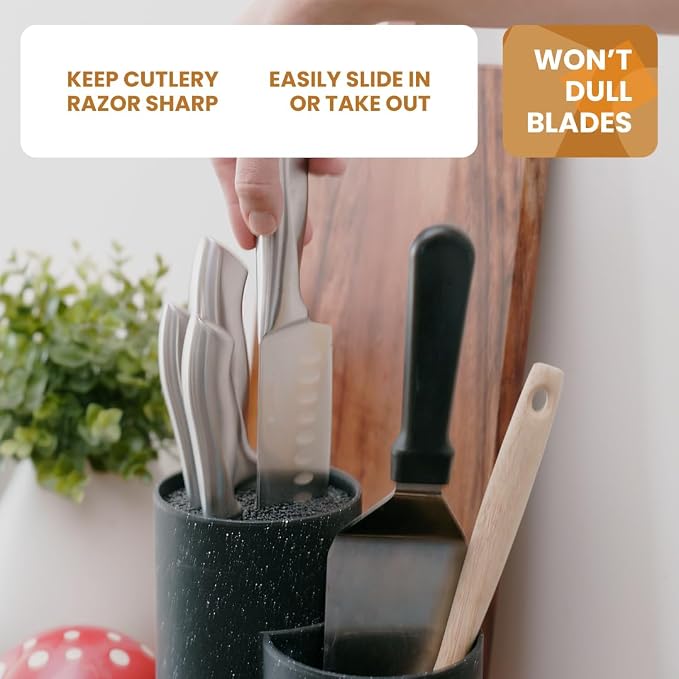 Stilaris Universal Knife Block & Utensil Holder - Dual Slotless Bristle Stand for Chef Knives, Scissors & Spatulas - Weighted Non-Slip Base, Modern Speckled Design, Easy Clean Removable Insert