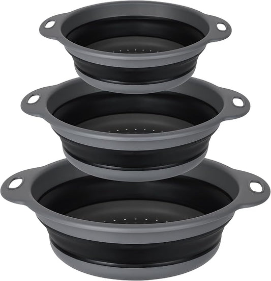 Collapsible Colander Set of 3, Silicone Food Foldable Strainer for Cooking Pasta, Vegetables and Fruit (3QT, 4QT and 5QT), Black
