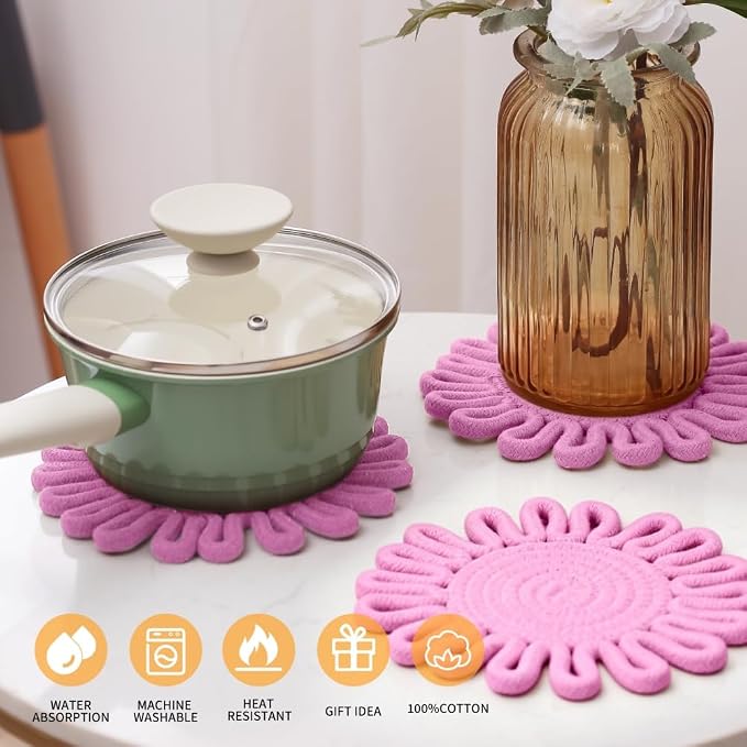 Kitchen Trivets for Hot Dishes Potholders for Countertop Hot Pads Hot Mats or Trivets for Hot Pots and Pans Home Essentials Boho Farmhouse Kitchen Decor Set of 3, 100% Cotton,7.5" (Light Pink)