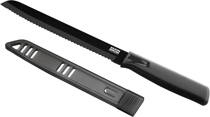 Kuhn Rikon COLORI Non-Stick Bread Knife with Safety Sheath, 7 inch/17.78 cm Blade, Black