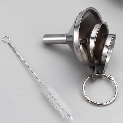 Silver Stainless Steel Funnels for Kitchen Use, Large Tiny Small Funnel Set of 3 with 2Pcs Cleaning Brush Set for Filling Bottles Oil Liquor Water Spice (Silver)