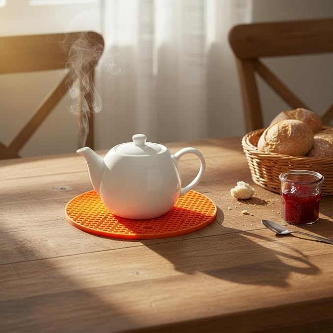 6-Pack Silicone Trivet Mats, Heat Resistant Hot Pads, Dishwasher Safe Kitchen Mats, BPA-Free Pot Holders for Table, Countertop, Stove, Honeycomb Design (Orange, 7” Square/Round)