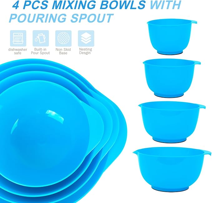 BoxedHome Plastic Mixing Bowls with Pour Spout, Microwave Safe, 4.5 Quart | BPA Free, Non-slip Base Set for 4, 4.5,3.5,2.5 and 1.7QT, Dishwasher Safe Nesting Bowl for Prep, Cooking, Baking (Teal)