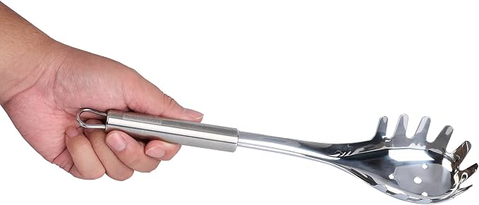 Restaurantware 12.5" Stainless Steel Pasta Fork - German Standard Pasta Server with Large Slotted Bowl, Dishwasher Safe - Slotted Pasta Spoon for Spaghetti, Linguine, Fettuccine