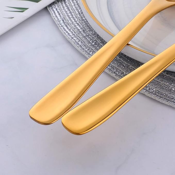 Long Handle Serving Set, 10 inch Stainless Steel Polished Server Spoon, Fork, Slotted Spoons, Set of 3 (Gold)