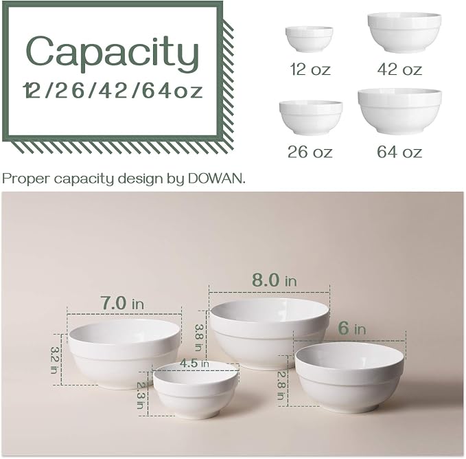 DOWAN Serving Bowls, 64/42/22/12 Oz Serving Dishes for Entertaining, Soft White Porcelain Nesting Bowls Set, Microwave & Dishwasher Safe, Versatile Prep Bowls for Fruit Salad Pasta Dessert Cereal