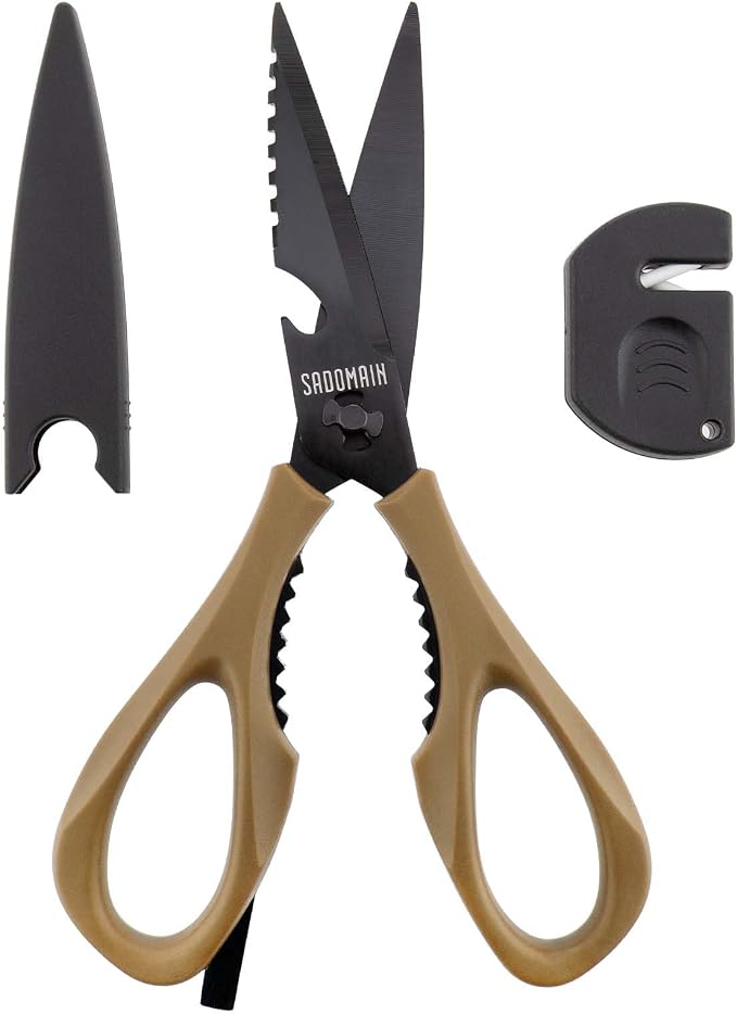 Kitchen Scissors All Purpose, Extra Sharp Kitchen Shears with Knife Sharpener & Sheath, Solid & Durable Stainless Steel Scissors with ANTI-RUST Black Titanium Plated, Dishwasher Safe - Brown