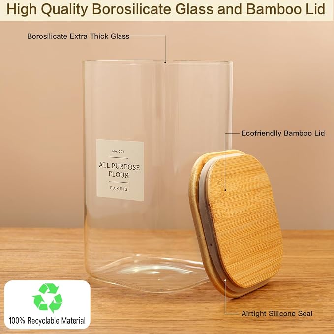 HHMJSM Large glass flour and sugar containers with 132 Kitchen Pantry Labels - 138 FL OZ Glass Food Storage Containers with Airtight Lids - Square Glass Jars Rice with Bamboo Lids