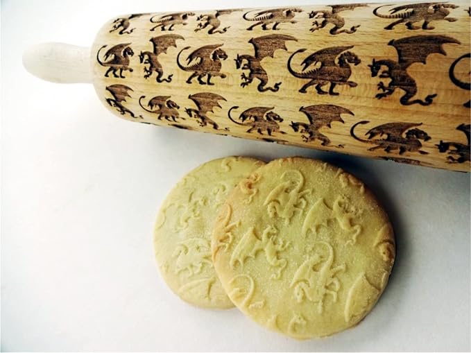DRAGONS embossing rolling pin. Wooden embossing rolling pin with dragons