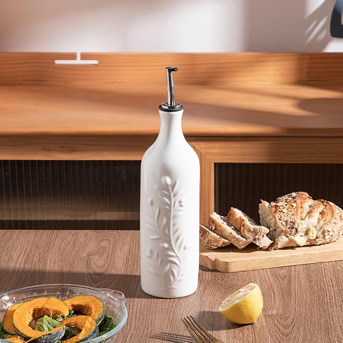 Sweejar Large Olive Oil Dispenser Bottle, 24 Oz Ceramic, Modern Relief Design, Dishwasher Safe, White