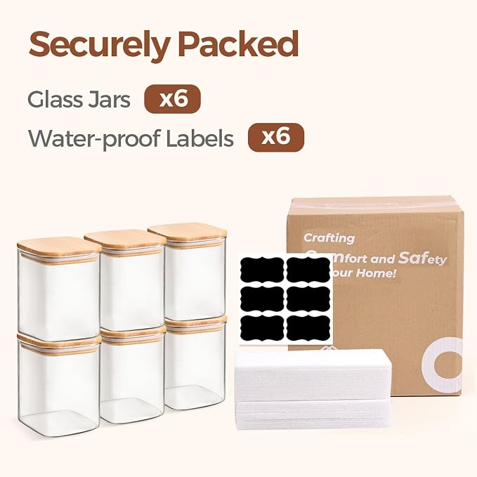 ComSaf Glass Jars with Bamboo Lids 0.8 Qt, Set Of 6 Pantry Galss Jars | Glass Storage Containers with Lid, Pantry Organizer and Storage, Lid with Silicone Seal, Pasta, Spice, Coffee, 27oz, BPA Free