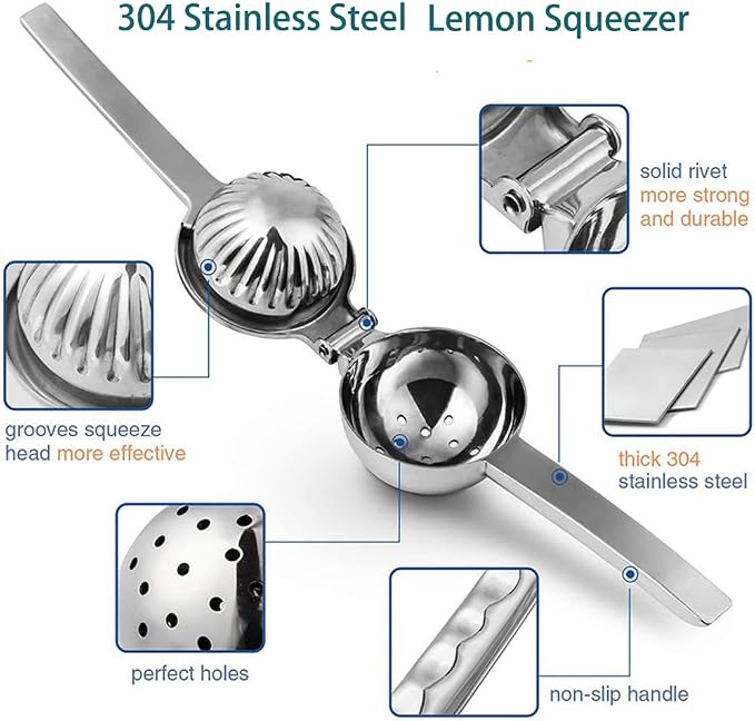 Stainless Steel Lemon Squeezer,-Silicone Handles, Hand Held Lime Squeezer for Lemons, Limes & Oranges, Ergonomic Non-Slip Design, Suitable for Kitchen, Outdoor, Bar Lemon Squeezer