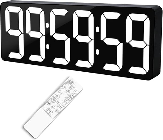 TXL 17.2" Large Digital Timer Clock, Countdown Timer for Classroom Home Gym Kitchen Office, LED Wall Clock with Remote Control, 4 Dimmable Brightness, 12/24H, Auto DST(White)