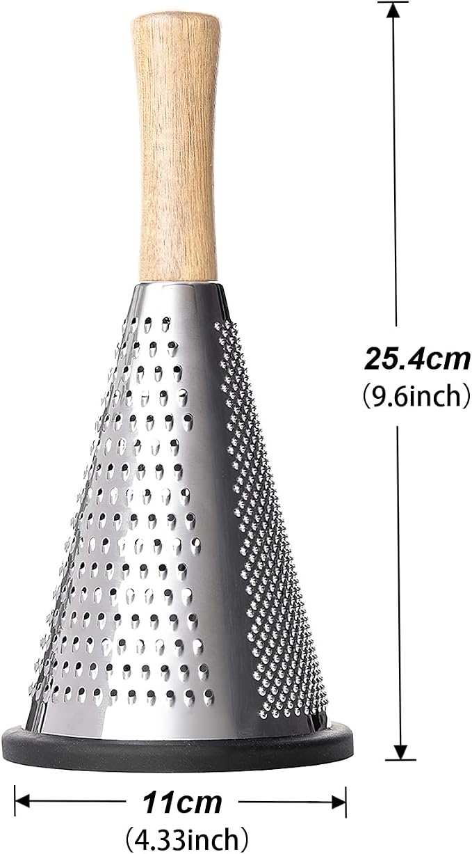 Cone Cheese Grater, 9.6 Inch Stainless Steel Grater and Zester Multifunction Graters with Wood Handle Parmesan Shaver for Cheese, Vegetables, Kitchen Use, 11×11×25.4CM