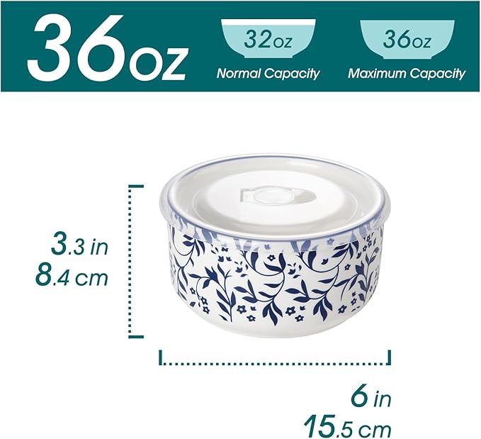vancasso 36 Oz Ceramic Serving Bowls with Lids Set of 4, Porcelain Lunch Bowls with Lids for Food Storage, Prep Bowl for Kitchen, Microwave & Dishwasher Safe,Series SELENE