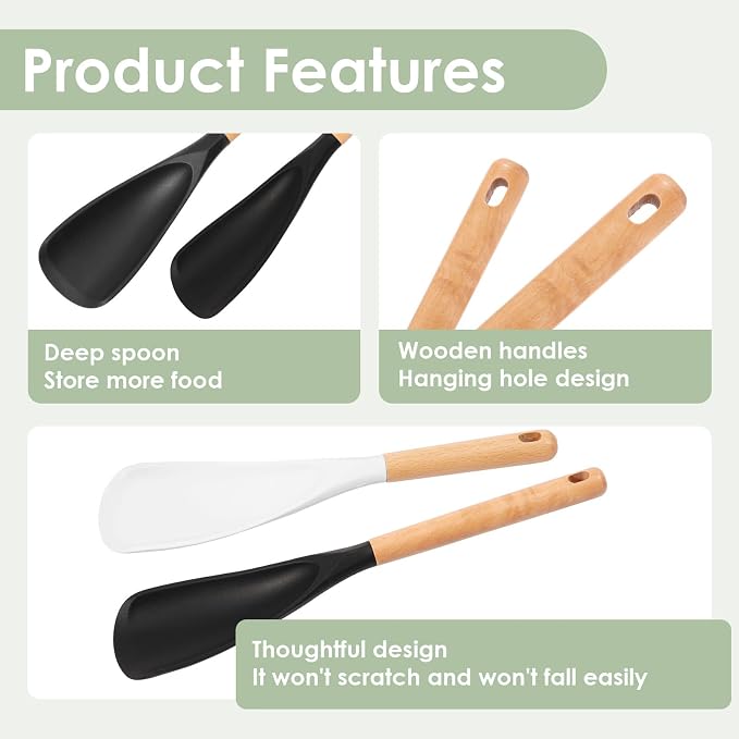4Pcs Silicone Spatula Set with Wooden Handle, Black White Cooking Spoon Spatula Multipurpose Kitchen Utensils for Mixing, Scraping, Serving, Heat Resistant, Non-Stick Safe, 2 Large 2 Small