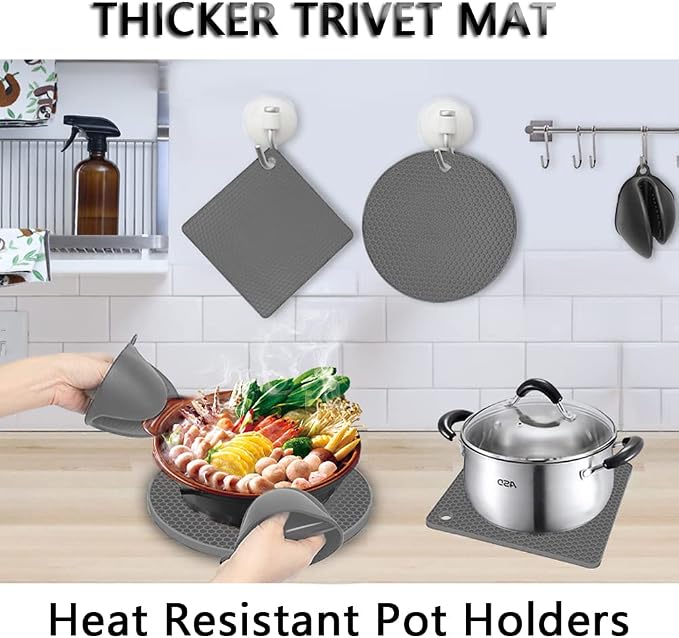 Silicone Trivet Pot Mat, Silicone Pot Holders for Hot Pan and Pot Pads. Heat Resistant Counter Mats for Tables Placemats,Countertops, Spoon Rest and Large Coasters,4 Pack Gray(2 Squared + 2 Round)