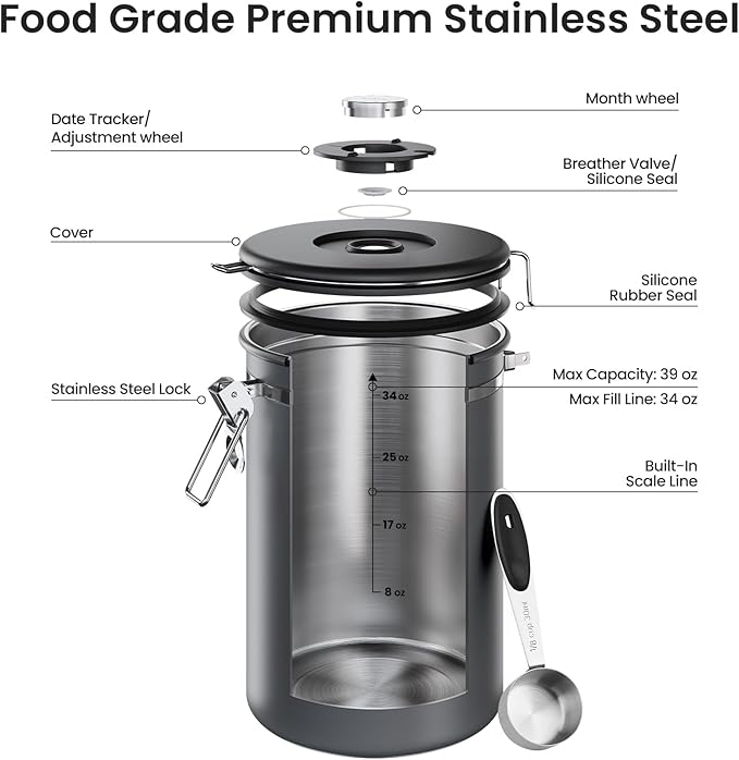Veken Coffee Canister,39OZ, 2.2lbs,Large Airtight Stainless Steel Container | Kitchen Food Storage Jars for Beans,Ground, Espresso, Rice,Tea, Sugar,Cookie, Bar Accessories,Gifts, Scoop, Gray