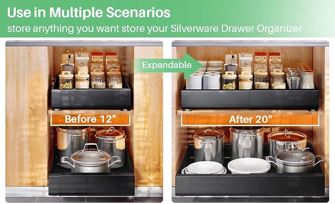 Kitstorack Pull out Cabinet Organizer, Expandable(12"-20") Heavy Duty Slide out Drawer Fixed with Adhesive Nano Film for Pots, Roll out Shelf Storage for Kitchen Base Cabinet Organization