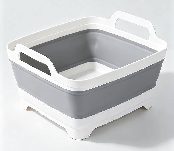 Collapsible Dish Pans for Washing Dishes 9L Portable Wash Dish Basin Foldable Laundry Tub with Drain Plug for Kitchen Sink Camping RV Accessories