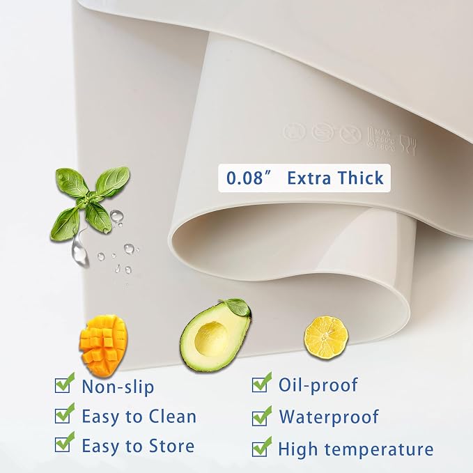 Food-Grade Silicone mat，2MM Extra Thick Silicone Mats for Kitchen Counter, 25.6" x17.7" Non-Slip Waterproof Large Countertop Protector Mat, Heat Resistant Mat, Silicone Placemat (White Gray)