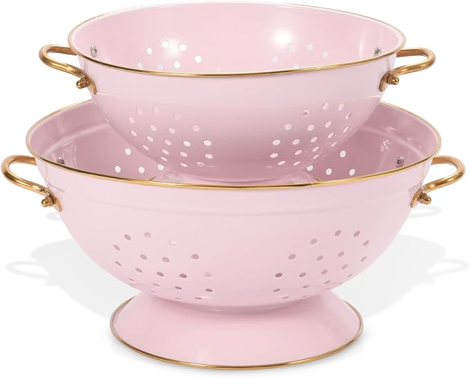 Metal Colander Set of 2, Strainer Basket with Handles 3.5 & 5 Qt Powder Coated Self-draining Solid Ring Base Metal Large Kitchen Colander Bowel for Pasta Vegetable Fruit (PINK)