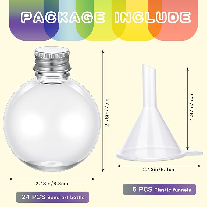 Layhit 24 Pcs Spherical Plastic Potion Bottles Ball Shape Round Bottles 3.4 oz Sand Art Jar with 5 Funnels Decorative ‌container Candy Jar for Valentines Birthday DIY Crafts(Silver,Aluminum Lid)