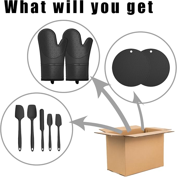 Oven Mitts with Heat-Resistant Hot Pads and Five Silicone Spatulas Designed for Kitchen Baking Cooking, Oven Glove Soft Cotton Lining, Waterproof, BPA-Free (Gun Black)