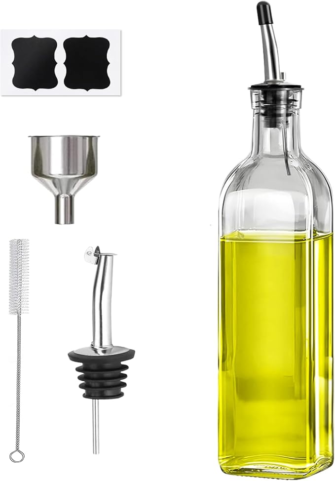 Olive Oil Dispenser Bottle, 1 Pcs Glass Oil and Vinegar Dispenser Set with 2 Stainless Steel Pourers, 2 Labels,1 Brush and 1 Funnel Oil Bottles for Kitchen (17oz/500ml)