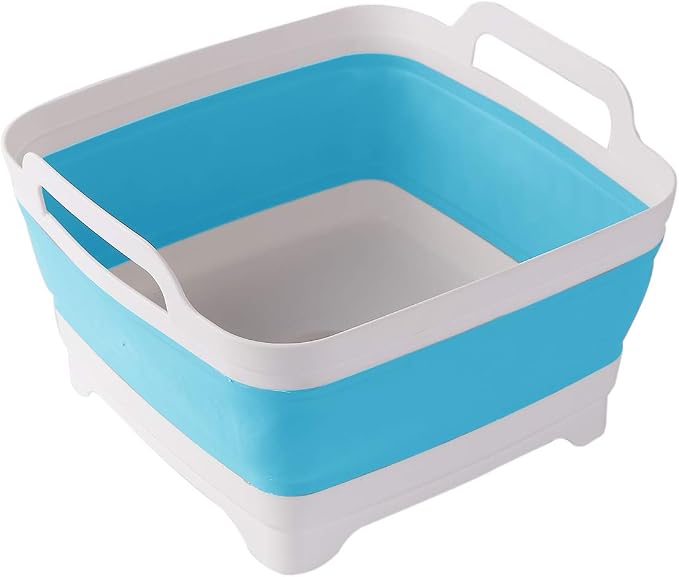 ddLUCK Dish Basin Collapsible with Drain Plug Carry Handles for 9L large Capacity, Washing Basin, Collapsible Dish Tub For RV Sink, Vegetable, Fruit, Food Sink Strainer Dish Washing Tub - Blue