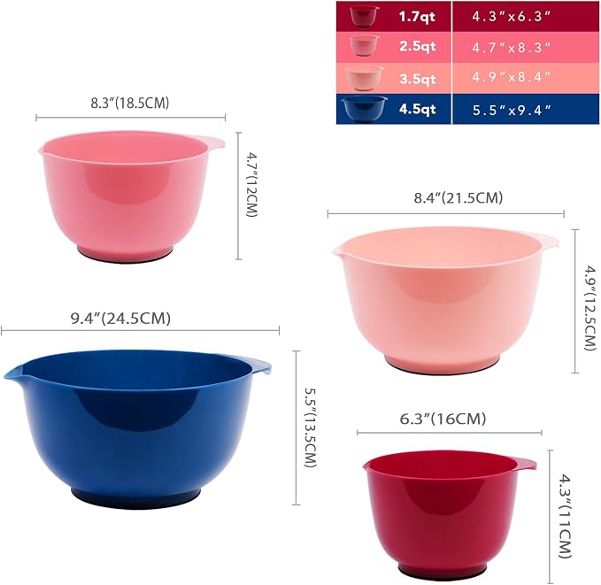 BoxedHome Classic Mixing Bowls Set of 4, BPA Free Plastic, Microwave Safe | 4.5, 3.5, 2.5 and 1.7 Quarts, Non-slip Base Large Non-toxic Nesting Bowl with Pour Spout, Dishwasher Safe, for Prep, Cooking