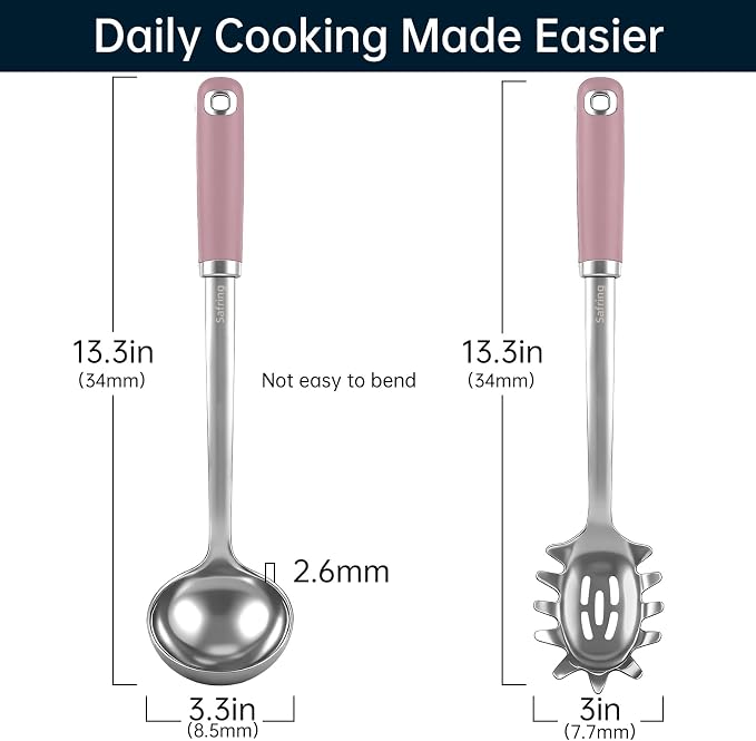 Safring Stainless Steel Soup Ladle and Spaghetti Spoon Set, Heat Resistant Rubber Handle, Dishwasher Safe, Kitchen Utensils for Cooking, Stirring, Serving Pasta, Soup & Sauce (Pink)