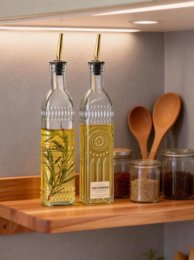 2 Pcs Olive Oil Dispenser Bottle for Kitchen,17oz Clear Glass Cooking Oil and Vinegar Dispenser Set, Coffee Syrup Dispenser with 2 Pourers and 1 Funnel (Two squares)