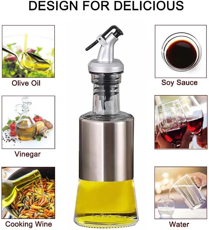Mincham Olive Oil Dispenser Vinegar Cruet with No-drip Spout 7oz Capacity | 7oz (200ml) Capacity Glass & Stainless Steel Body