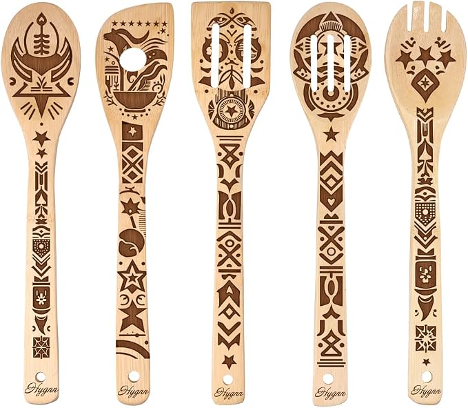 Ancient Totem Retro style Gift Idea Cooking Serving Utensils Natural Bamboo Kitchen House Warming Presents Slotted Wooden Spoons for Cooking Utensils Set of 5…