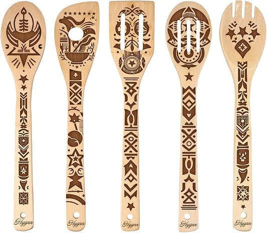 Ancient Totem Retro style Gift Idea Cooking Serving Utensils Natural Bamboo Kitchen House Warming Presents Slotted Wooden Spoons for Cooking Utensils Set of 5…