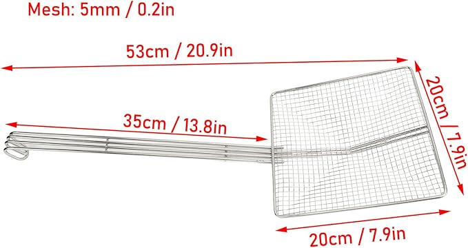 Square Strainer Skimmer, Stainless Steel Square Fryer Skimmer Ladle with Long Handle and Hanging Hook for Kitchen Deep Fryer, Pasta, Noodle(Thick mesh)