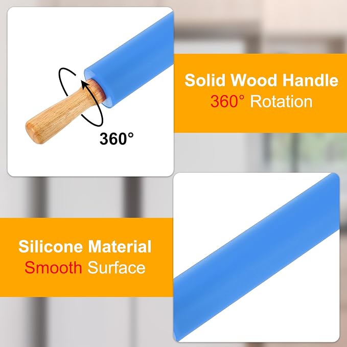 uxcell 9.6 Inch Silicone Rolling Pin, Small Dough Roller with Wood Handle for Pizza Pastry Fondant Kitchen, Blue