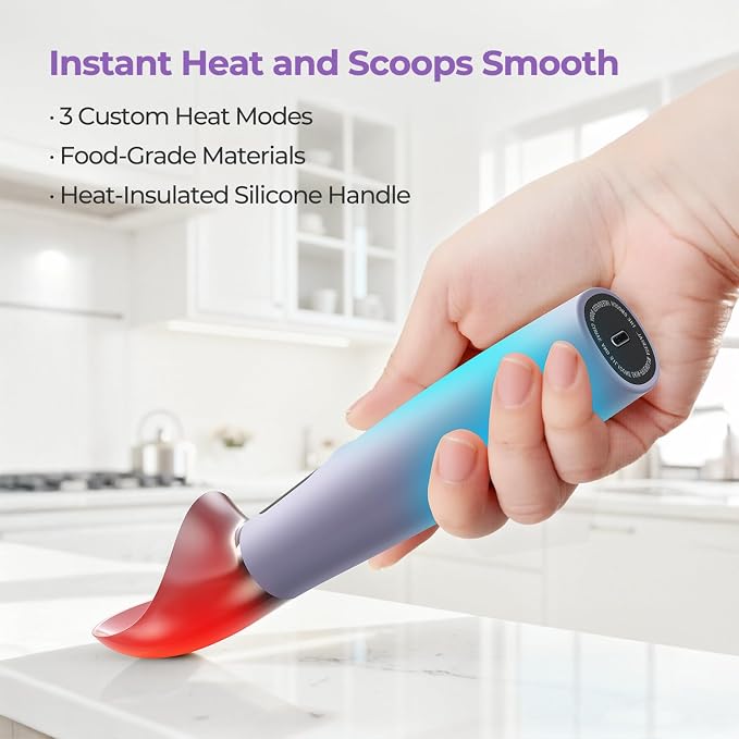 Heated Ice Cream Scoop Rechargeable, 3-Speed Electric Warming Ice Cream Scooper with LED Display, Heats to 160°F for Hard Ice Cream and More, Easy for Seniors & Kids, IP67 Waterproof, Easy to Clean