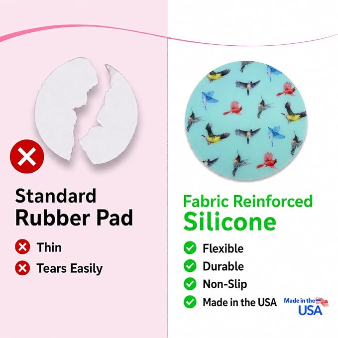 Andreas Silicone Jar Opener, Blue Multi Birds – 6.25" Non-Slip Lid Gripper & Garlic Peeler, Food and Dishwasher Safe, Multi-Use, Durable Silicone & Fabric, Made in the USA, JO-366B