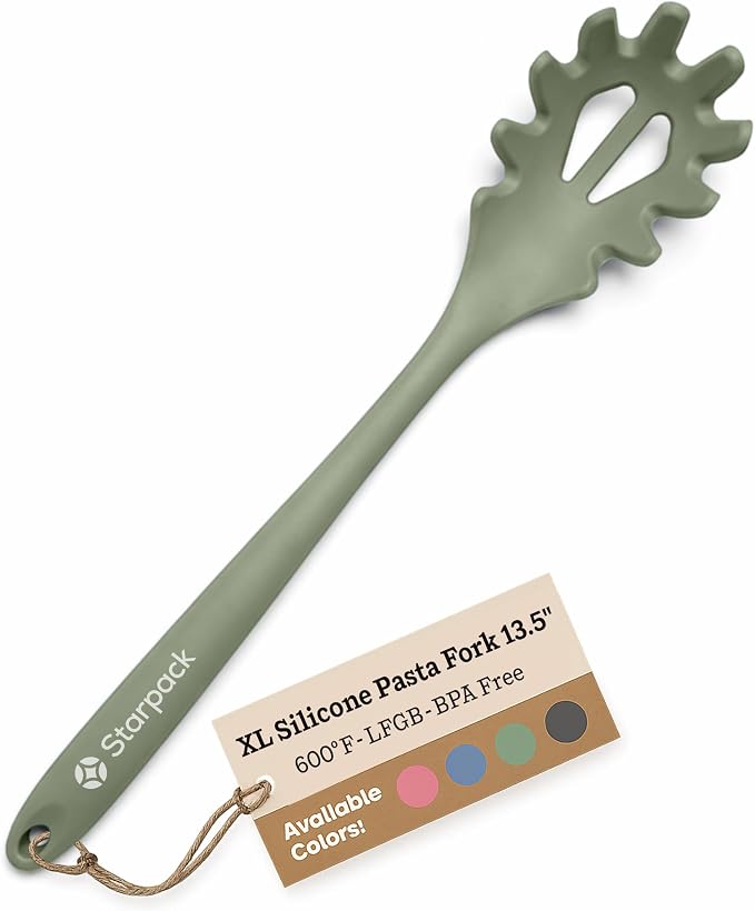 Starpack XL Premium Silicone Pasta Fork (13.5") - Spaghetti Spoon High Heat Resistant to 600°F - Silicone Pasta Spoon Strainer - Pasta Server Spoon with Teeth - Pasta Server Utensil