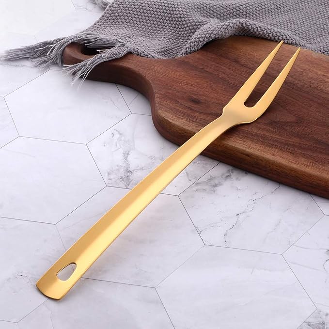 6 Pcs 12.3 in Gold Meat Forks for Kitchen, Stainless Steel Titanium Plated Dinner Fork, Ergonomic Integral Forming Mirror Polish-Dishwasher Safe