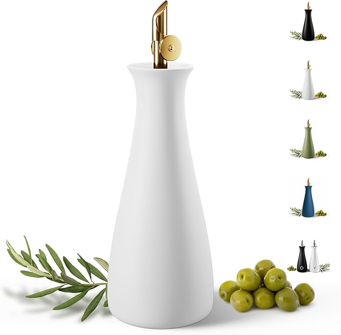 Ceramic Olive Oil Dispenser with Self-Closing Gold Spout, 530mL, Leakproof | Leak Proof EVOO Dispensing Bottle, Stainless Steel Self-Closing Spout, Ergonomic, Durable, Easy Pour, Stylish, 530mL Capacity