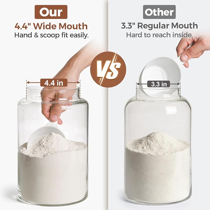 ComSaf Flour Storage Containers with Acacia Wood Lids 1Gallon 2Pack | 4.2Qt Large Glass Jar, for Cooks, Flour Cereal Rice Oats, Kitchen Pantry, 4.4in Wide Mouth, Canister with Scoops & Labels